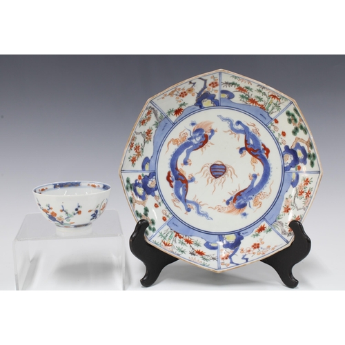 91 - Chinese octagonal dish with coloured enamels and underglaze blue dragon pattern together with a tea ... 