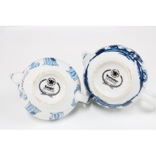 92 - A modern blue and white Willow pattern dish and two miniature V&A Museum teapots to include Kangxi a... 