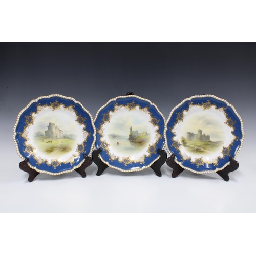 129 - Royal Worcester dessert service, each item handpainted by John Stinton Junior with castle and cattle... 