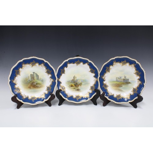 129 - Royal Worcester dessert service, each item handpainted by John Stinton Junior with castle and cattle... 