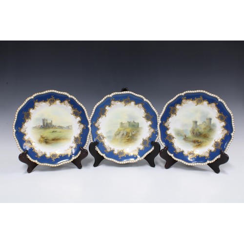 129 - Royal Worcester dessert service, each item handpainted by John Stinton Junior with castle and cattle... 