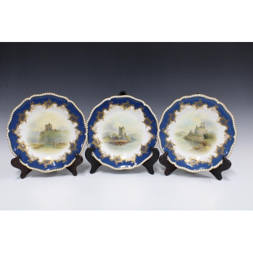 129 - Royal Worcester dessert service, each item handpainted by John Stinton Junior with castle and cattle... 