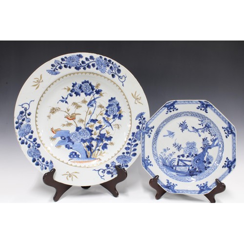 447 - 18th century Chinese blue and white plate, octagonal,  (restored, with losses) together with a large... 