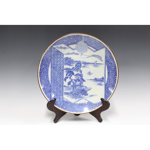 447 - 18th century Chinese blue and white plate, octagonal,  (restored, with losses) together with a large... 