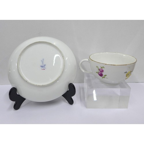 72 - Meissen floral decorated saucer and cup, blue crossed swords marks (2)