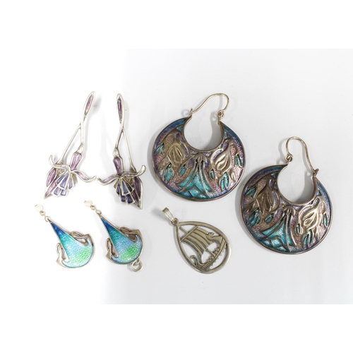 11 - A pair of Scottish silver and enamel drop earrings, Edinburgh 1989 and another pair of silver and en... 