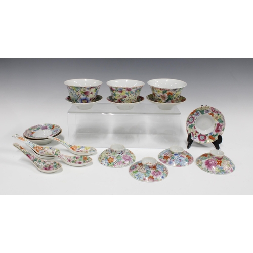 120 - Collection of Chinese mille fleur porcelain, including three tea bowls and six saucers, five spoons,... 