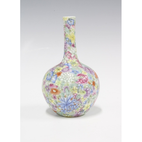 124 - Chinese mille fleur floral painted bud vase, with Qianlong seal mark but likely later, 13cm