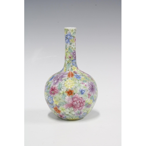 124 - Chinese mille fleur floral painted bud vase, with Qianlong seal mark but likely later, 13cm