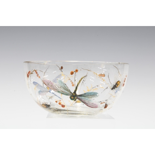 126 - Glass bowl painted in coloured enamels with a dragonfly and other insects,  6 x 13cm
