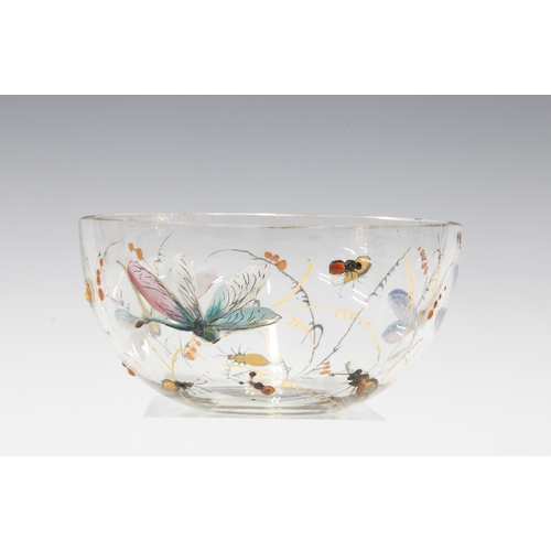 126 - Glass bowl painted in coloured enamels with a dragonfly and other insects,  6 x 13cm