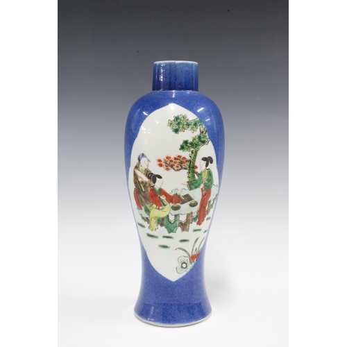 130 - Chinese vase, powder blue ground painted with figures, cover lacking, 30cm