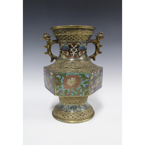 140 - Chinese archaic style cloisonne vase with chicken head handles, 30cm (drill hole for use as lamp)