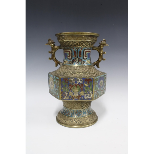 140 - Chinese archaic style cloisonne vase with chicken head handles, 30cm (drill hole for use as lamp)