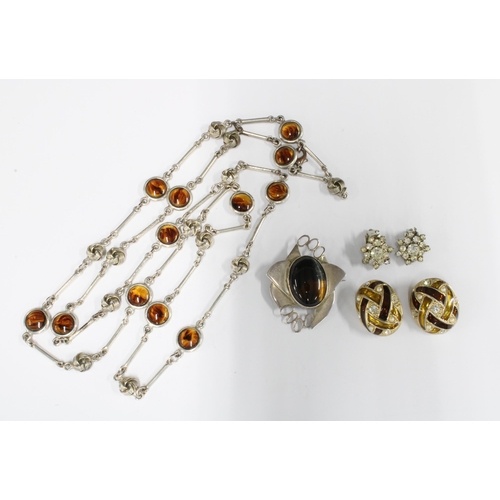 15 - Scottish silver and tigers eye brooch, Edinburgh 1986, necklace and costume jewellery earrings (a lo... 