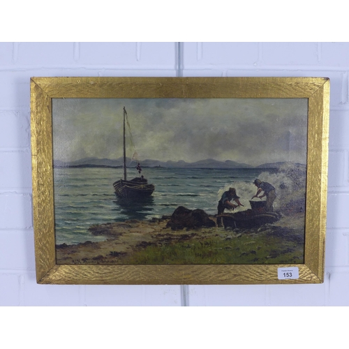 153 - Scottish School, Herring Nets, oil on canvas, signed indistinctly, framed, 45 x 29cm (a/f)
