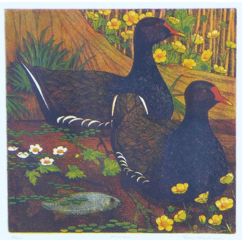 155 - Moorhens, ltd ed screenprint, signed indistinctly and numbered 84/100, framed under glass with a Bro... 