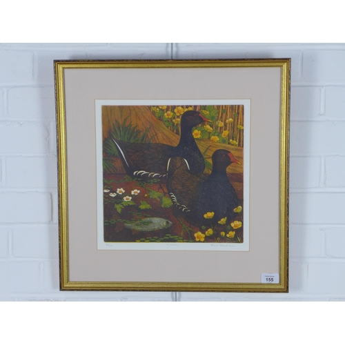 155 - Moorhens, ltd ed screenprint, signed indistinctly and numbered 84/100, framed under glass with a Bro... 