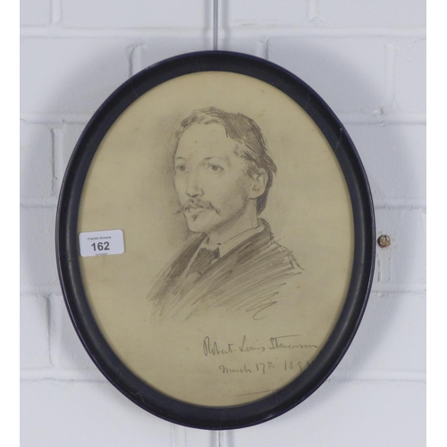 162 - Robert Louis Stevenson after the pencil sketch in the National Portrait Gallery, in an oval glazed f... 
