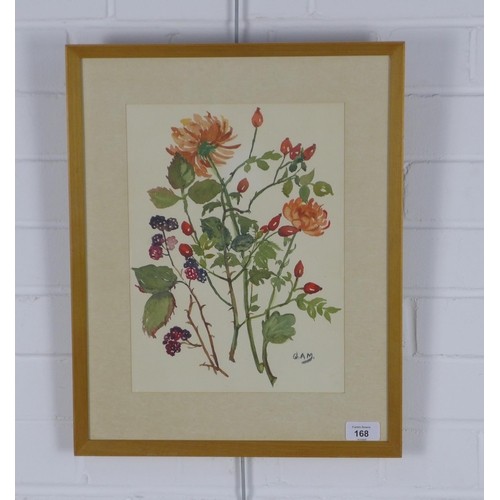 168 - Gertrude A Matheson, 'Brambles and Flower' watercolour, signed with initials, framed under glass 24 ... 