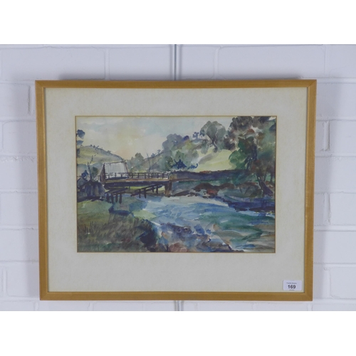 169 - Archie Hendry, watercolour of a bridge and river scene, framed under glass with a label of attributi... 