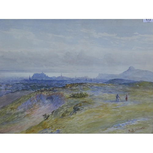 173 - R.B Johnson, watercolour of two figures on the Braid Hills, Edinburgh apparently playing golf, signe... 
