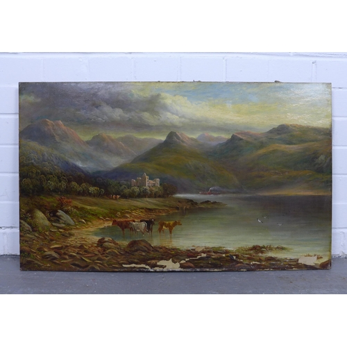 176 - Scottish School oil on canvas of a loch with castle ruin, cattle and paddle steamer, apparently unsi... 