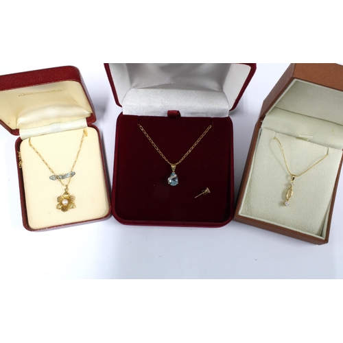18 - 14ct gold pendant necklace and two 9ct gold pendant necklaces and a single stud earring