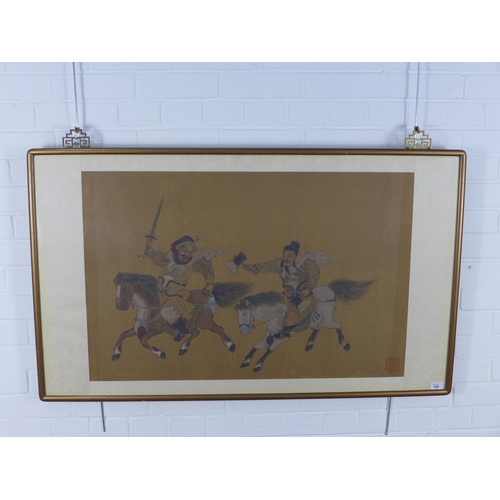 199 - Asian School textile painting of two warriors on horseback, framed under glass within a chinoiserie ... 