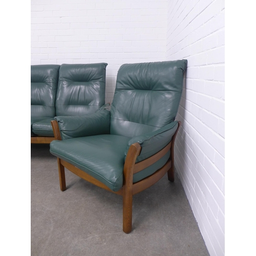 201 - Ercol Golden Dawn green leather and elm three piece suite, 189 x 99 x 57cm. (3)