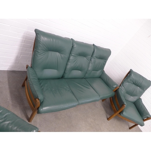 201 - Ercol Golden Dawn green leather and elm three piece suite, 189 x 99 x 57cm. (3)