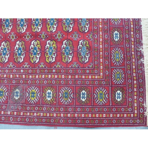 202 - Bokhara carpet, red field with four rows of sixteen guls, 300 x 190cm.