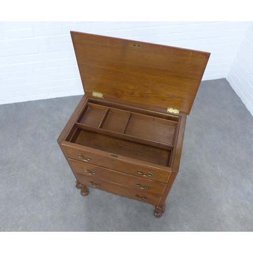 207 - Mahogany chest with lift up top,  on short cabriole legs, 62 x 74 x 38cm.