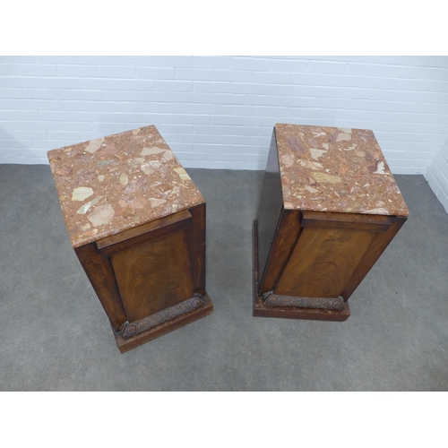 210 - Pair of William IV marble topped mahogany pedestal cupboards, 49 x 78 x 61cm. (2)