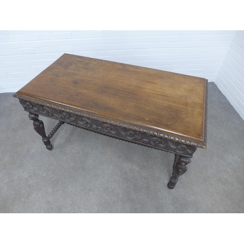 211 - Late 19th century ebonised carved centre table, 127 x 74 x 67cm.