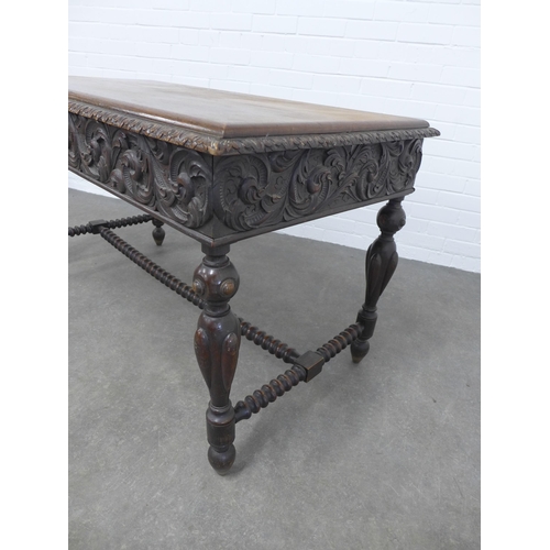 211 - Late 19th century ebonised carved centre table, 127 x 74 x 67cm.