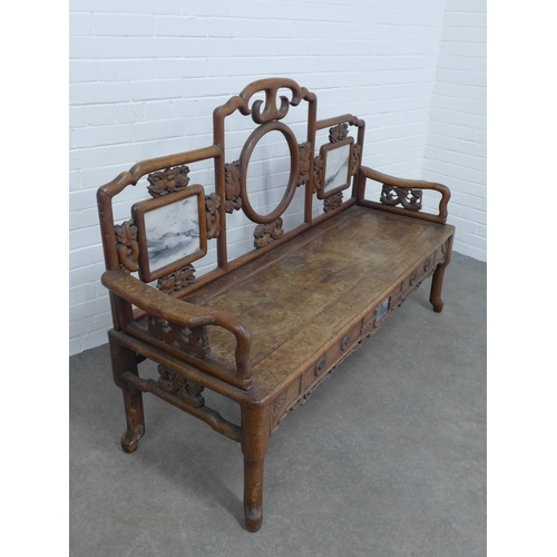 214 - Chinese settee / hall bench, shaped toprail with marble inset panelled back, solid seat above a foli... 