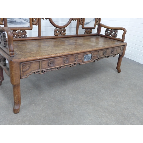 214 - Chinese settee / hall bench, shaped toprail with marble inset panelled back, solid seat above a foli... 