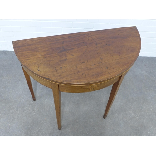 223 - 19th century mahogany demi-lune fold over card table, 92 x 76 x 46cm.