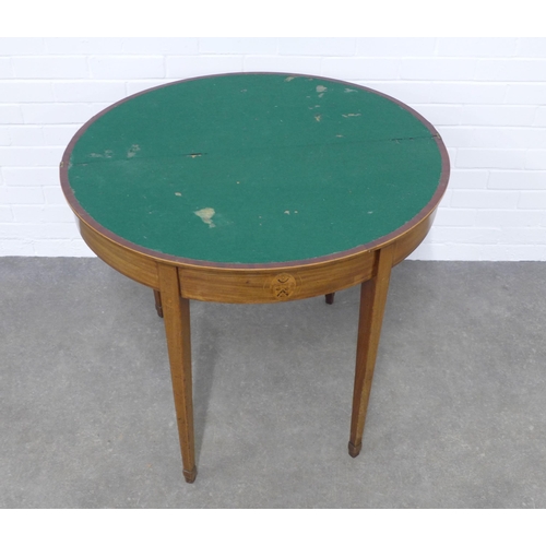 223 - 19th century mahogany demi-lune fold over card table, 92 x 76 x 46cm.