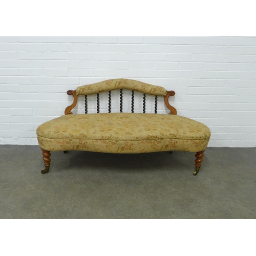 224 - Victorian low settee, upholstered scroll back and seat with spiral splats, 138 x 70 x 59cm.