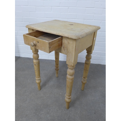 233 - Light pine table, single frieze drawer and turned legs, 52 x 74 x 40cm.