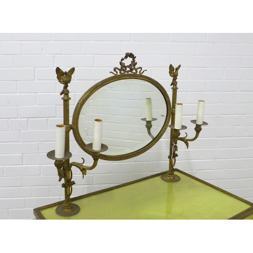 269 - Vintage dressing table, pine base with brass mounted mirror and candelabra, fabric covered drapes,  ... 