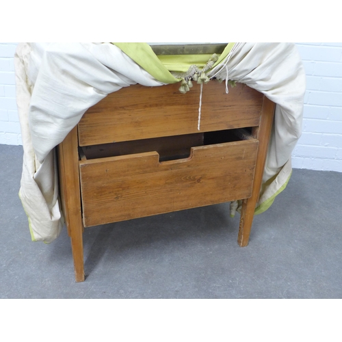 269 - Vintage dressing table, pine base with brass mounted mirror and candelabra, fabric covered drapes,  ... 