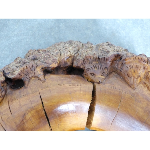 273 - 'Dreams of Being The Wheel' hedgehog carved burr wood, singed with a monogram and dated 2003, 75 x 3... 