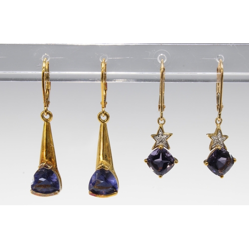 28 - 9ct gold gemset drop earrings and a pair of silver gilt drop earrings