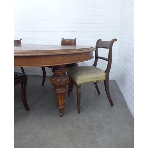 281 - Late 19th century mahogany extending dining table and 8 various chairs, 338 x 74 x 139cm (9)