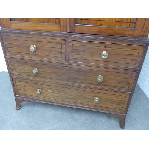 282 - Georgian mahogany linen press, stepped pediment above a pair of flame veneered doors, internal brass... 