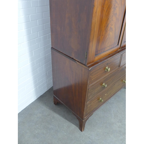 282 - Georgian mahogany linen press, stepped pediment above a pair of flame veneered doors, internal brass... 