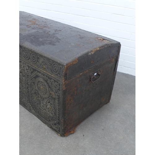 284 - Dome top leather and wood marriage chest, perhaps Italian, with studwork pattern and paper lined int... 